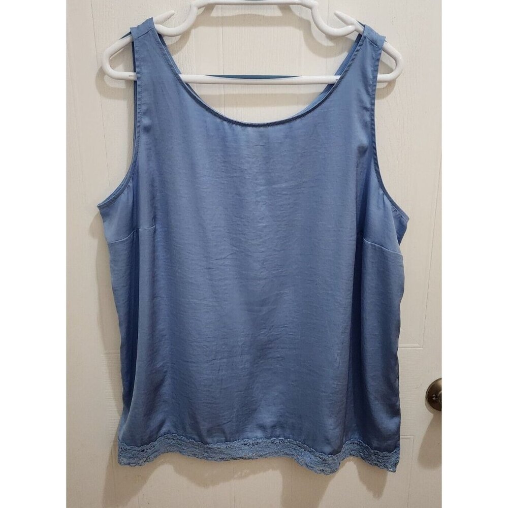 Chico's Women's Sleeveless Satin Blouse Top Lace‎ Trim Solid Blue Size 3 (XL)